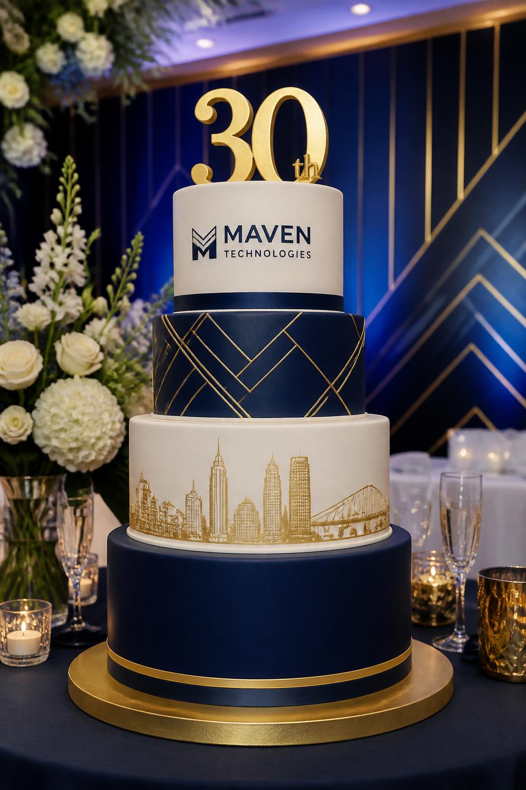 Image Prompt: A grand multi-tier company anniversary cake with smooth fondant, brand-colored accents, gold or silver details, clean logo placement, and a bold milestone topper. Style it on a large corporate event dessert table with elegant flowers, glassware, candles, and a formal event backdrop. Make it impressive, polished, and realistic, no people, no faces, no text overlay, no watermark. (no watermarks on images)