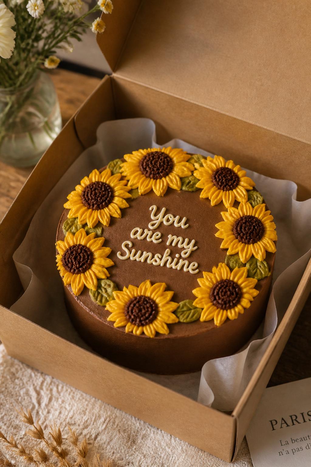 Image Prompt:
A sunflower chocolate bento cake inside an open kraft bakery box, smooth chocolate brown frosting, bright yellow sunflower petals piped around the top edge, rich brown sunflower centers, cream piped message, cozy bakery styling, warm natural light, realistic editorial dessert photography, no people, no hands, no faces, no watermarks on images