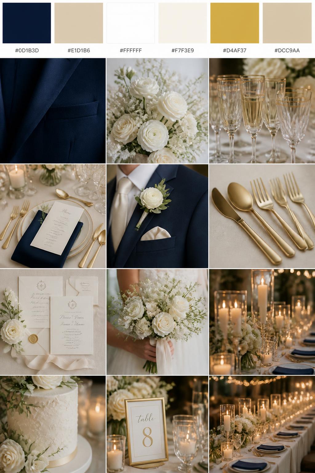 A realistic wedding mood board with a top strip of color swatches and small hex codes in navy blue, champagne, white, ivory, soft gold, and warm beige. Below, show a classic wedding collage of details: navy suit fabric, white flowers, champagne glassware, soft gold flatware, formal table styling, invitation flat lays, a cropped groom suit detail with boutonniere and no face visible, hands holding a bouquet, and a no-people candlelit reception table. Keep the collage polished, timeless, and romantic with DSLR-style realism. Use no clear faces, with side angles, back views, detail-only shots, and no-people scenes. 9:16 vertical format. (no watermarks on images)