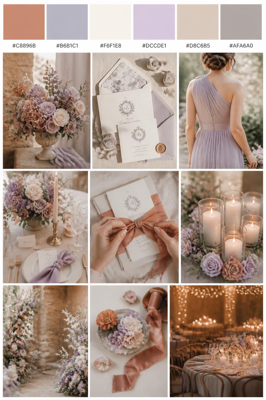 A realistic wedding color palette collage with a top row of swatches and hex codes in soft terracotta, lavender gray, cream, pale lilac, warm beige, and soft taupe. Below, show realistic wedding details such as lavender-gray flowers, terracotta ribbon, cream table styling, elegant stationery, hands tying an invitation suite, a cropped-from-neck bridesmaid dress detail, and a warm reception setup lit by candlelight. Keep all people shown from the back, side, or cropped below the face, and include some no-people decor scenes for variety. The mood should feel soft, romantic, and slightly dreamy with DSLR-quality realism. 9:16 vertical format. (no watermarks on images)