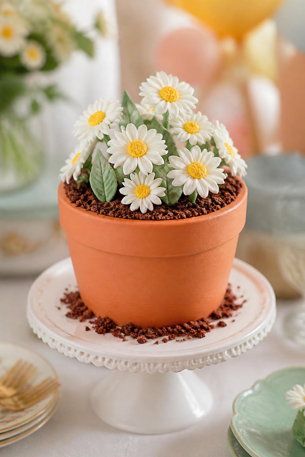 Detailed Image Prompt:
A small flower pot cake decorated with white buttercream daisies, sunny yellow centers, soft green leaves, terracotta-toned frosting on the pot base, and fine chocolate crumb soil, styled on a white cake stand with spring party decor and soft daylight, delicate editorial dessert photography, no people, realistic DSLR quality, no watermarks on images.