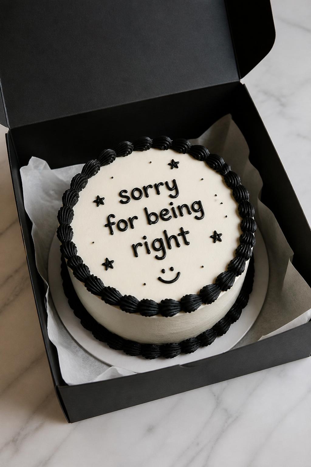 Image Prompt:
A funny bento cake in an open black cake box, smooth white frosting, black piped border, handwritten icing text reading “sorry for being right,” tiny smiley face and star doodles, clean sarcastic dessert styling, soft studio light, realistic bakery photography, no people, no hands, no faces, no watermarks on images