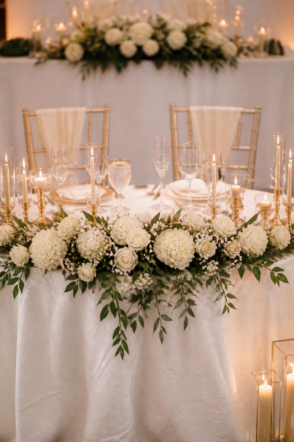 Image Prompt:
A romantic sweetheart table decorated with gold candle holders, white flowers, ivory linen, crystal glasses, elegant chairs, and a soft floral arrangement across the front of the table. Warm reception lighting, no visible faces, no full people, sweetheart table-focused composition, no text, no watermark, realistic DSLR wedding photography, (no watermarks on images)
