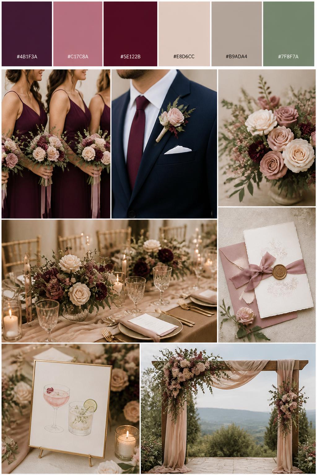 A realistic wedding mood board in a Pinterest-style collage layout inspired by an elegant wedding color palette board. Show a top row of color swatches with hex codes in mulberry, dusty rose, deep wine, blush beige, soft taupe, and muted sage. Below the swatches, create a clean collage of realistic wedding details: flowing mulberry bridesmaid dresses, a groom in a navy suit with a mulberry tie and boutonniere, soft floral arrangements with dusty rose and cream roses, a romantic reception tablescape with blush and mulberry centerpieces, elegant stationery with silk ribbon, a small signature drinks sign, and a wedding arch with matching florals. The whole collage should feel cohesive, soft, romantic, and refined, with natural light and DSLR-style realism. 9:16 vertical format. No extra text except small hex codes on the palette strip. (no watermarks on images)