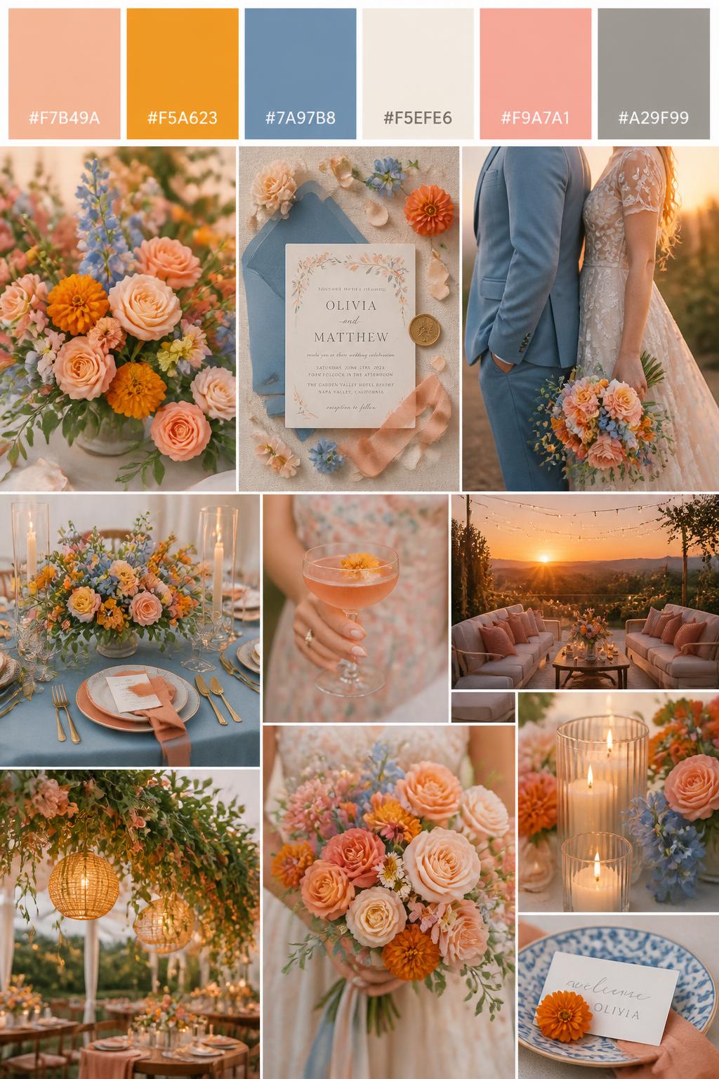 A realistic wedding palette mood board in a polished Pinterest collage layout. Include a top strip of color swatches with hex codes in peach, marigold, dusty blue, cream, pale coral, and warm gray. Below, show a dreamy collage with peach and marigold flowers, dusty blue table or suit details, cream candles, invitation styling, a side-view cropped couple shot with no faces visible, bouquet close-ups, and softly lit reception decor. Keep variety in the compositions with no full faces, using back views, hands-only images, and no-people styling scenes. The mood should feel colorful, sunset-inspired, warm, and slightly playful with real DSLR photo quality. 9:16 vertical format. (no watermarks on images)