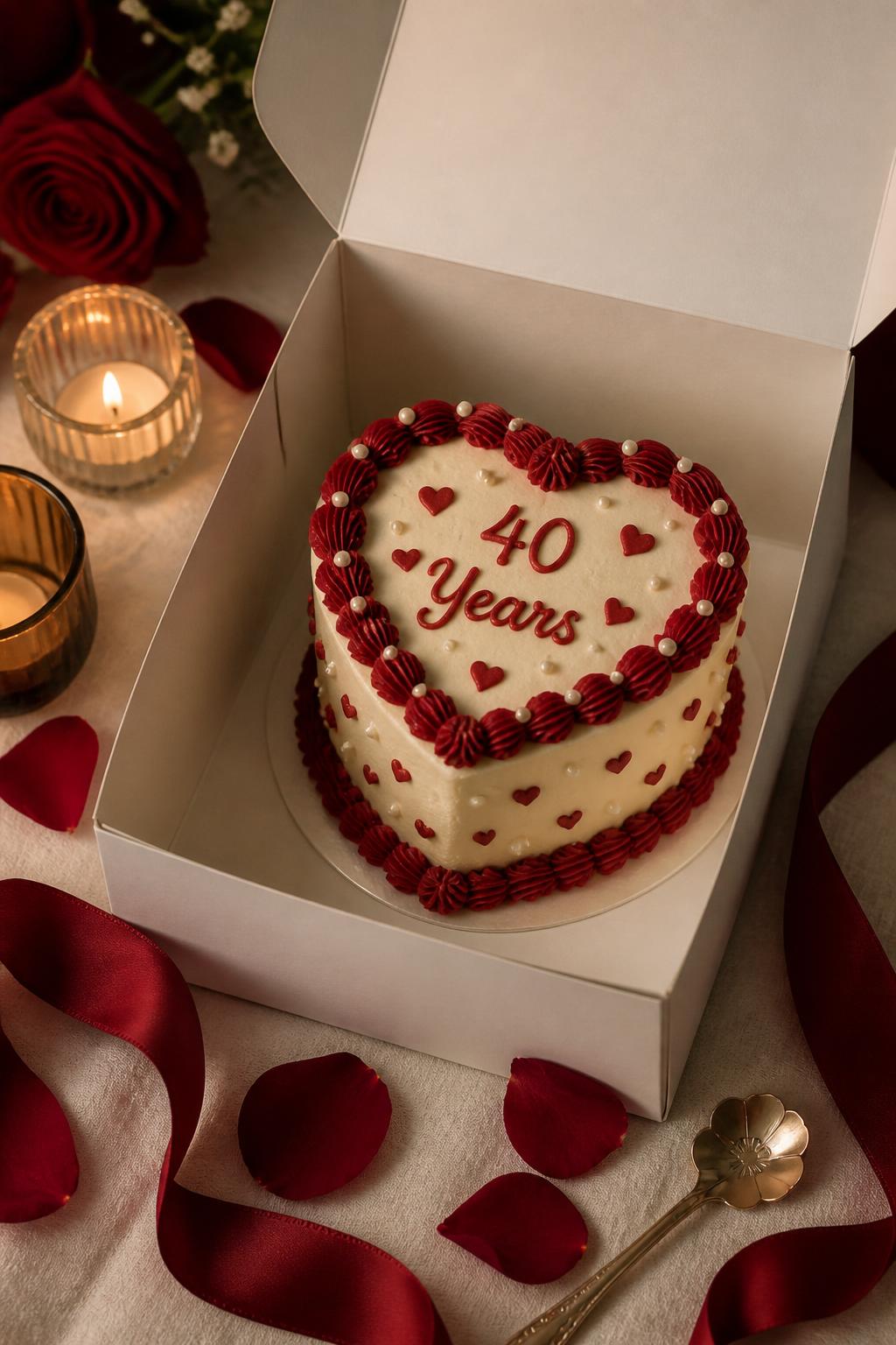 Image Prompt: A cute ruby wedding anniversary bento cake inside an open white cake box, decorated with ruby red buttercream hearts, ivory piping, tiny pearl dots, and a small “40 Years” message on top. Style it on a cozy table with red rose petals, candles, satin ribbon, and a small dessert spoon. Make it intimate, sweet, and realistic, no people, no faces, no watermark. (no watermarks on images)