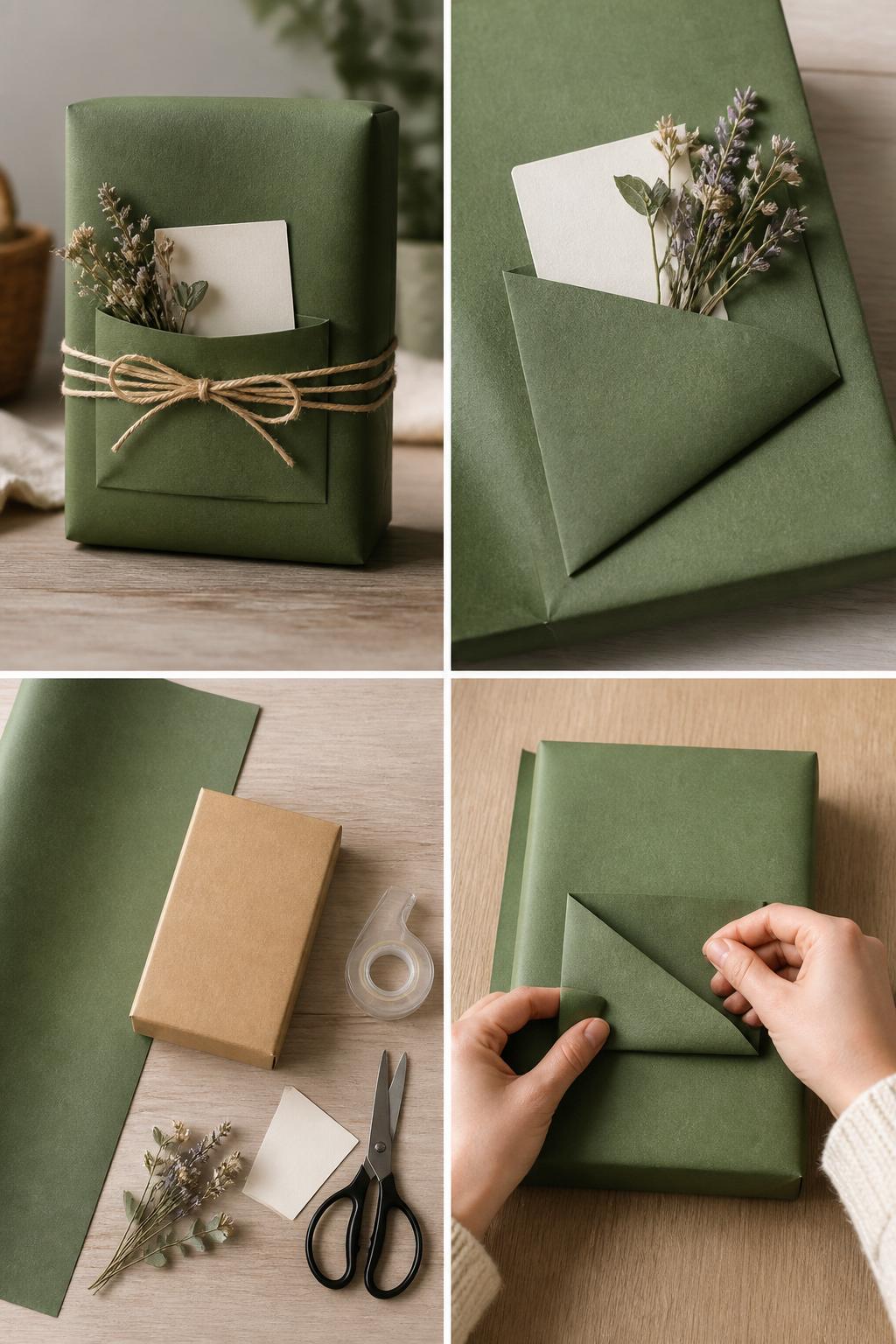 Detailed Image Prompt:
A realistic editorial 2x2 collage grid showing a pocket fold gift wrapping technique, top-left finished gift wrapped in green paper with a front pocket holding a small card and flower sprig, top-right close-up of folded paper pocket and tucked-in tag, bottom-left flat lay of wrapping paper, gift box, scissors, tape, small card, and dried flower, bottom-right cropped hands folding a front pocket into the wrapping paper, elegant gift wrap tutorial setting, no faces, no text, no watermark on images.