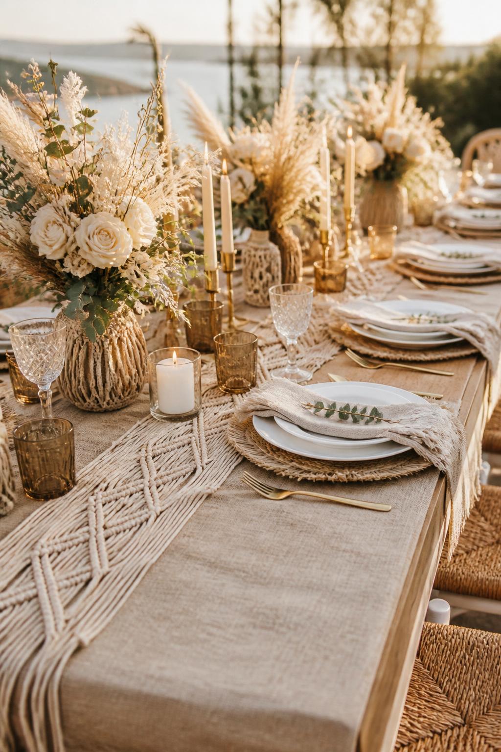 Image Prompt:
A chic boho wedding table styled with subtle macrame table details, soft white and beige flowers, candles, natural linen, white ceramic plates, and warm earthy decor. Outdoor boho reception setting, no visible faces, no text, no watermark, realistic editorial wedding photography, (no watermarks on images)