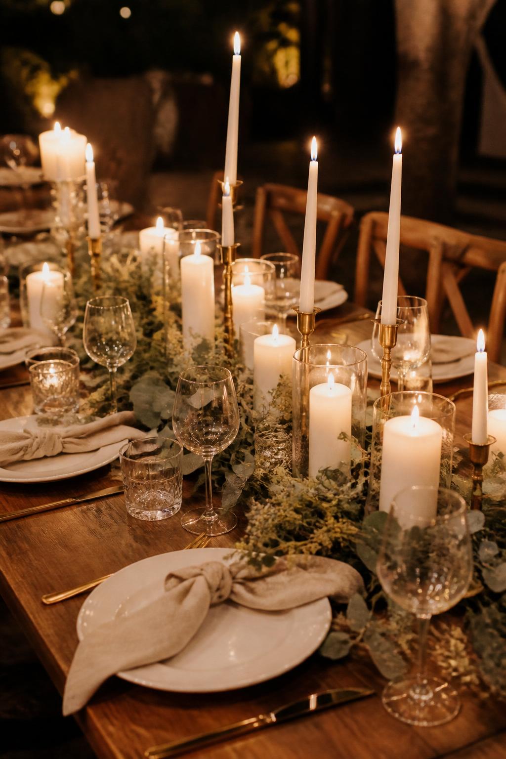 A warm editorial wedding table image showing a wooden table decorated with candle clusters in mixed heights, including taper candles, votives, and pillar candles, paired with light greenery accents, white plates, neutral napkins, and clear glasses. Cozy evening reception setting, no visible faces, no full people, no text, no watermark, realistic DSLR wedding photography, (no watermarks on images)