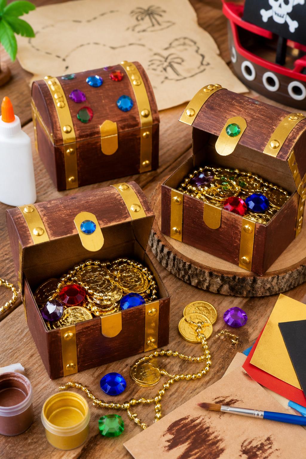 Detailed Image Prompt:
A charming kids’ craft photo showing small handmade pirate treasure chests, mini cardboard boxes painted brown with gold paper straps, faux jewel stickers, coins, beads, and paper gems spilling out, styled on a wooden table with glue and paint nearby, bright treasure hunt theme, no people, no faces, no readable text, no watermark on images.