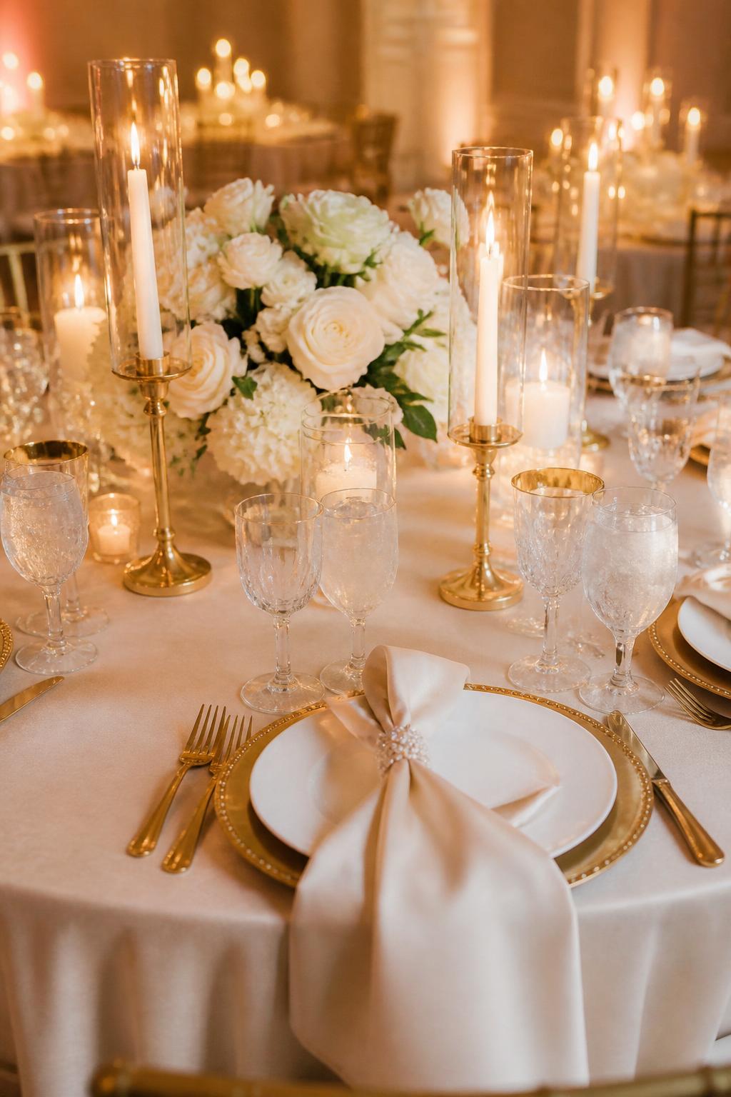 Image Prompt:
An elegant wedding table styled with champagne linen or napkins, gold candle holders, white flowers, gold chargers, crystal glasses, white plates, and soft warm candlelight. Formal ballroom or indoor reception setting, no visible faces, no full people, no text, no watermark, realistic wedding magazine photography, (no watermarks on images)