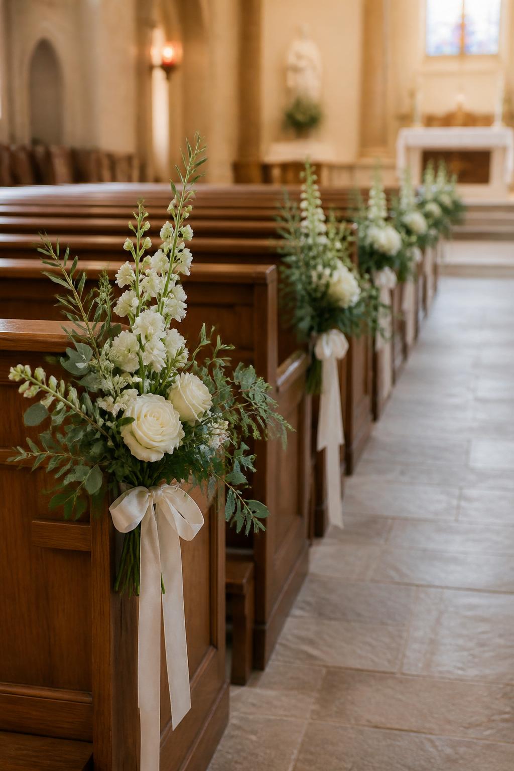 Image Prompt:
A church aisle decorated with simple white floral and greenery arrangements on every other pew, using white roses, white stock, eucalyptus, olive branches, and soft fern accents, tied with ivory ribbon, warm wooden pews, stone aisle floor, altar softly visible in the background, no people, no faces, clean elegant church decor, natural light, realistic DSLR-style photography, no text, no watermark.