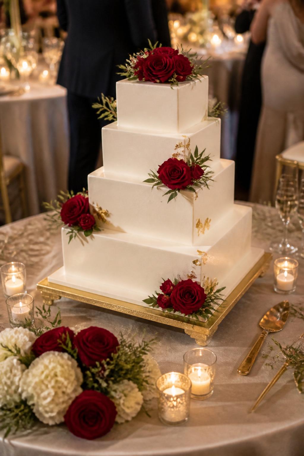 Image Prompt: Ultra-realistic wedding reception image of a modern square wedding cake with sharp clean tiers, smooth white or ivory icing, and fresh red roses arranged neatly on the corners or edges. Add a few subtle gold accents or greenery for balance. Place the cake on a polished reception cake table with candles, floral centerpieces, champagne glasses, fine linens, and a softly blurred modern wedding scene. Keep the cake as the main subject. No visible faces. If people appear, show only cropped hands, side views, back views, or figures from the neck down. Realistic crisp square edges, fresh rose detail, elegant DSLR wedding photography. (no watermarks on images)