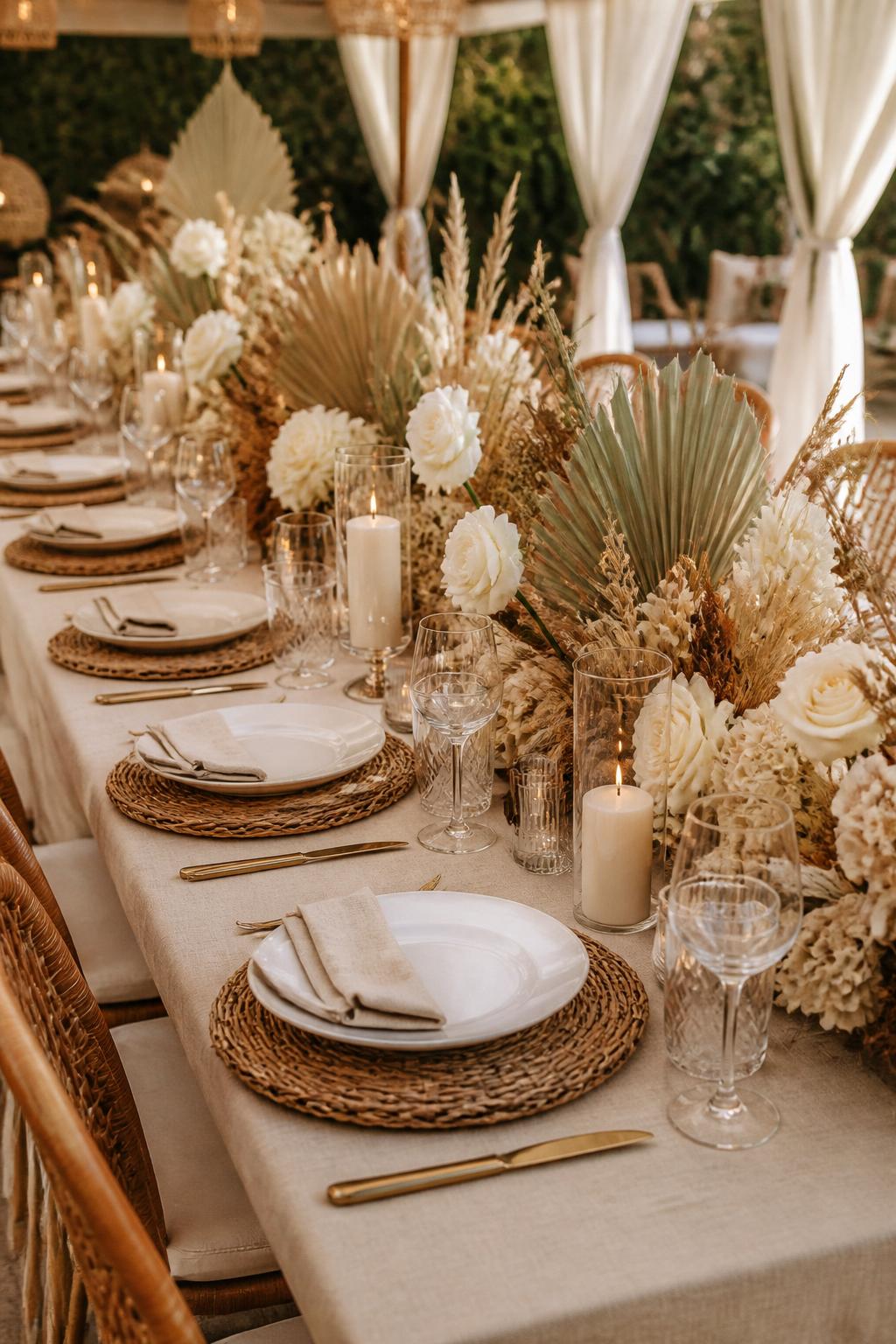 Image Prompt:
A chic boho wedding reception photo showing a table decorated with dried palm leaves, white roses, beige blooms, natural linen, white plates, rattan chargers, candles, and warm earthy styling. Outdoor or tented boho setting, no visible faces, no text, no watermark, realistic editorial wedding photography, (no watermarks on images)