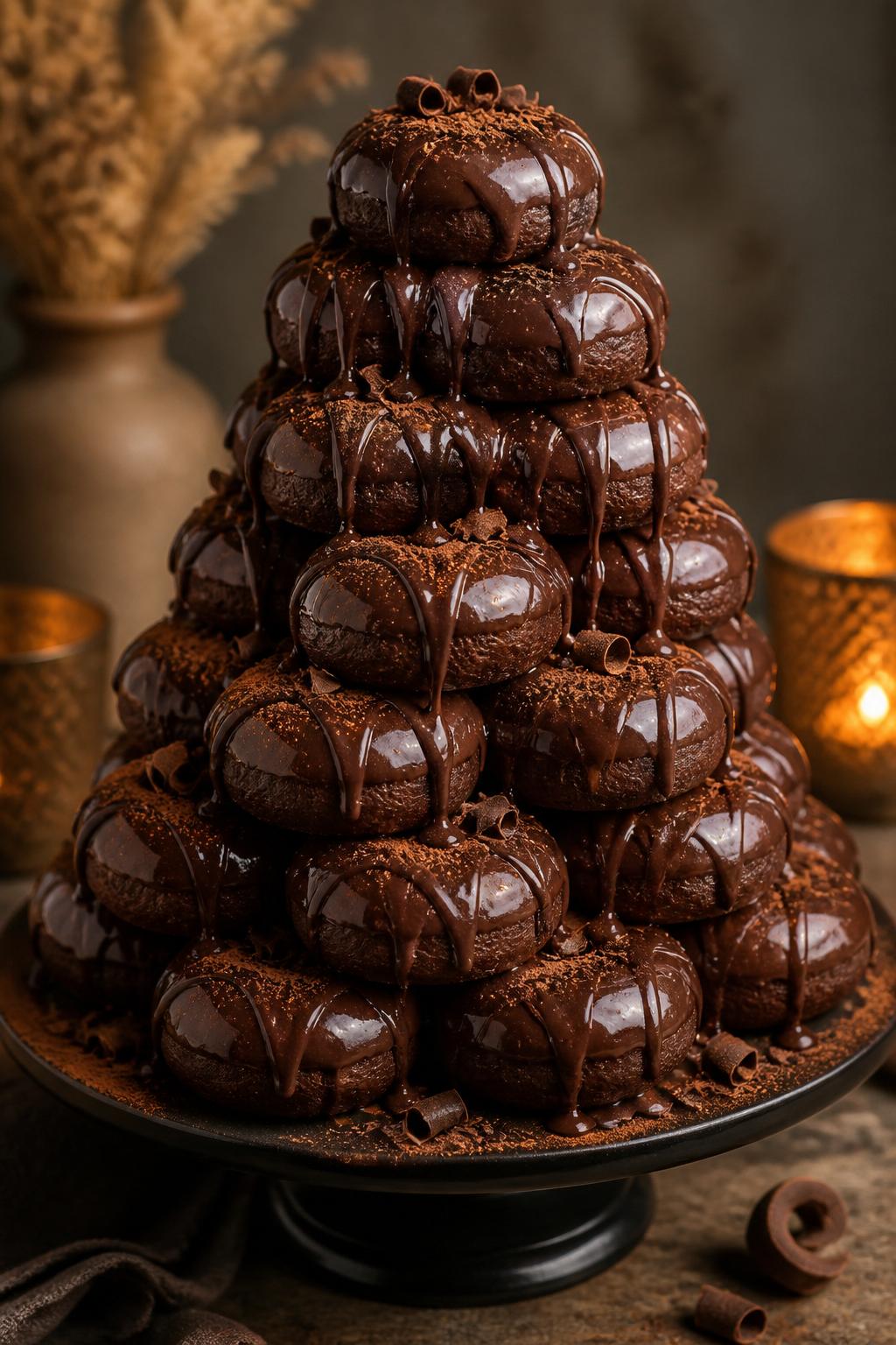 Detailed Image Prompt:
A rich chocolate donut tower cake made with chocolate glazed donuts stacked high, glossy chocolate drizzle flowing over the layers, chocolate curls, cocoa dust, and a dark cake stand, styled on a warm dessert table with candles and neutral decor, realistic DSLR dessert photography, no people, high-detail chocolate texture, no watermarks on images.