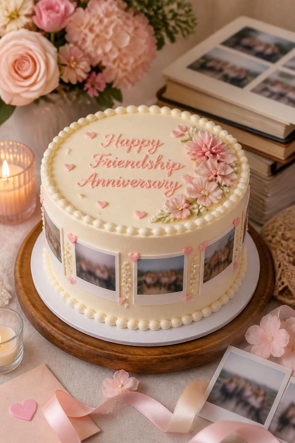 Image Prompt: A cute friendship anniversary cake with smooth ivory buttercream, small edible polaroid-style photo frames around the side, tiny hearts, pearl borders, and soft pink floral accents. Style it on a cozy dessert table with photo albums, candles, ribbons, and pastel flowers. Make all printed photo details softly blurred with no clear visible faces, realistic, sweet, no people, no faces, no watermark. (no watermarks on images)
