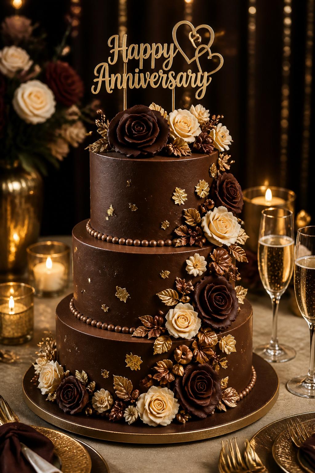 Image Prompt: A grand multi-tier chocolate anniversary cake with smooth dark chocolate buttercream, gold leaf accents, chocolate roses, cream florals, pearl borders, and a bold but tasteful anniversary topper. Style it on a formal dessert table with candles, champagne glasses, gold cutlery, and warm romantic lighting. Make it impressive, luxurious, and realistic, no people, no faces, no watermark. (no watermarks on images)