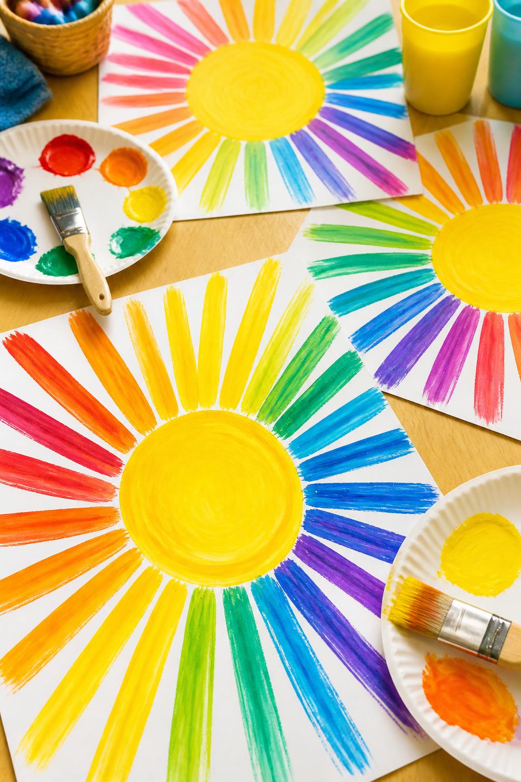 Detailed Image Prompt:
A bright kids’ summer art photo showing rainbow sunburst paintings, white paper filled with large yellow sun centers and long colorful rays in red, orange, yellow, green, blue, and purple, washable paint, wide brushes, and paper plates nearby, clean sunny craft table, bold summer art style, no people, no faces, no readable text, no watermark on images.