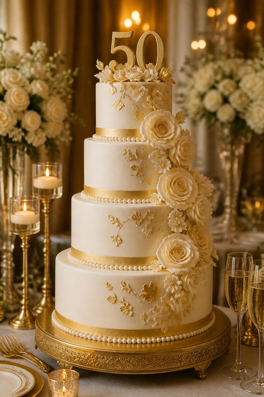 Image Prompt: A grand 50th wedding anniversary cake with four ivory tiers, elegant gold fondant bands, edible gold leaf, pearl borders, cream sugar flowers, and a bold but tasteful gold “50” topper. Style it on a formal reception dessert table with gold candle holders, champagne glasses, white roses, and warm golden lighting. Make it look impressive, luxurious, and realistic, no people, no faces, no text overlay, no watermark. (no watermarks on images)