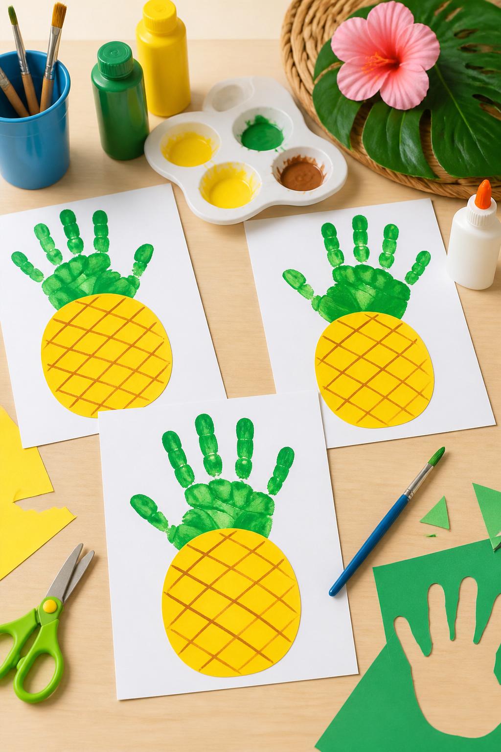 Detailed Image Prompt:
A cheerful summer daycare craft photo showing handprint pineapple art, yellow oval pineapple bodies with green painted handprint leaves at the top, simple brown crisscross lines, washable paint, brushes, glue, and paper scraps on a clean table, tropical preschool craft mood, no real hands, no faces, no readable text, no watermark on images.