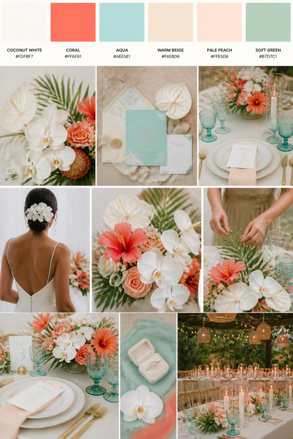 A realistic wedding inspiration mood board with a top strip of swatches and hex codes in coconut white, coral, aqua, warm beige, pale peach, and soft green. Below, create a polished collage with white tropical flowers, coral blooms, aqua glassware or stationery accents, elegant table settings, silk ribbon, a cropped dress shot from below the chin, hands arranging flowers, and candlelit reception decor. Use a mix of no-people flat lays, bouquet close-ups, back-view styling, and side-angle detail photos with no visible full faces. The mood should feel fresh, elegant, tropical, and feminine with realistic DSLR photo quality. 9:16 vertical format. (no watermarks on images)