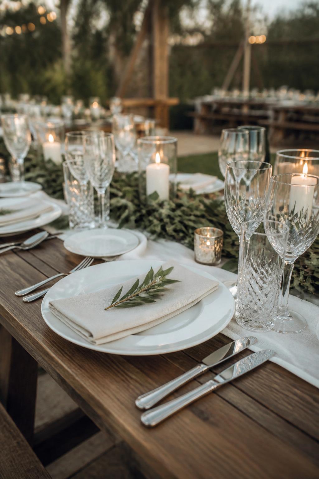 Image Prompt:
A close editorial wedding table photo focused on elegant place settings on a wooden picnic table, with white plates, folded linen napkins, polished flatware, clear crystal glasses, small greenery sprigs, and soft candlelight. Outdoor reception setting, no visible faces, no text, no watermark, realistic professional wedding photography, (no watermarks on images)