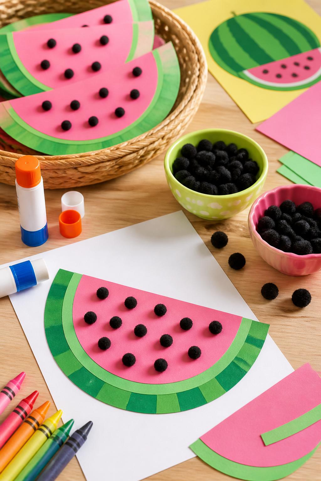 Detailed Image Prompt:
A bright summer daycare craft photo showing watermelon paper slices decorated with black pom-pom seeds, pink and green paper watermelon shapes on white cardstock, bowls of small black pom-poms, glue sticks, and crayons nearby, cheerful fruit craft table setup, no children, no faces, no readable text, no watermark on images.