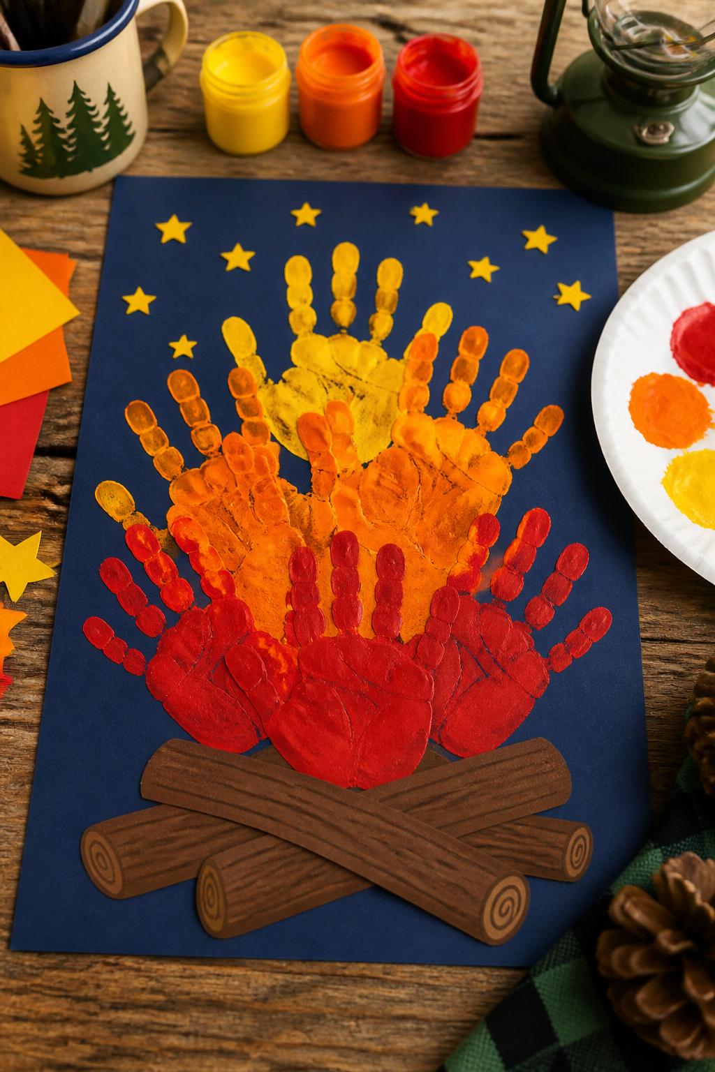 Detailed Image Prompt:
A cozy summer camp craft photo showing handprint campfire art, red, orange, and yellow painted handprints layered upward as flames, brown paper log shapes at the bottom, dark blue cardstock background with tiny paper stars, washable paint and paper scraps nearby, camp-themed summer craft styling, no people, no faces, no readable text, no watermark on images.