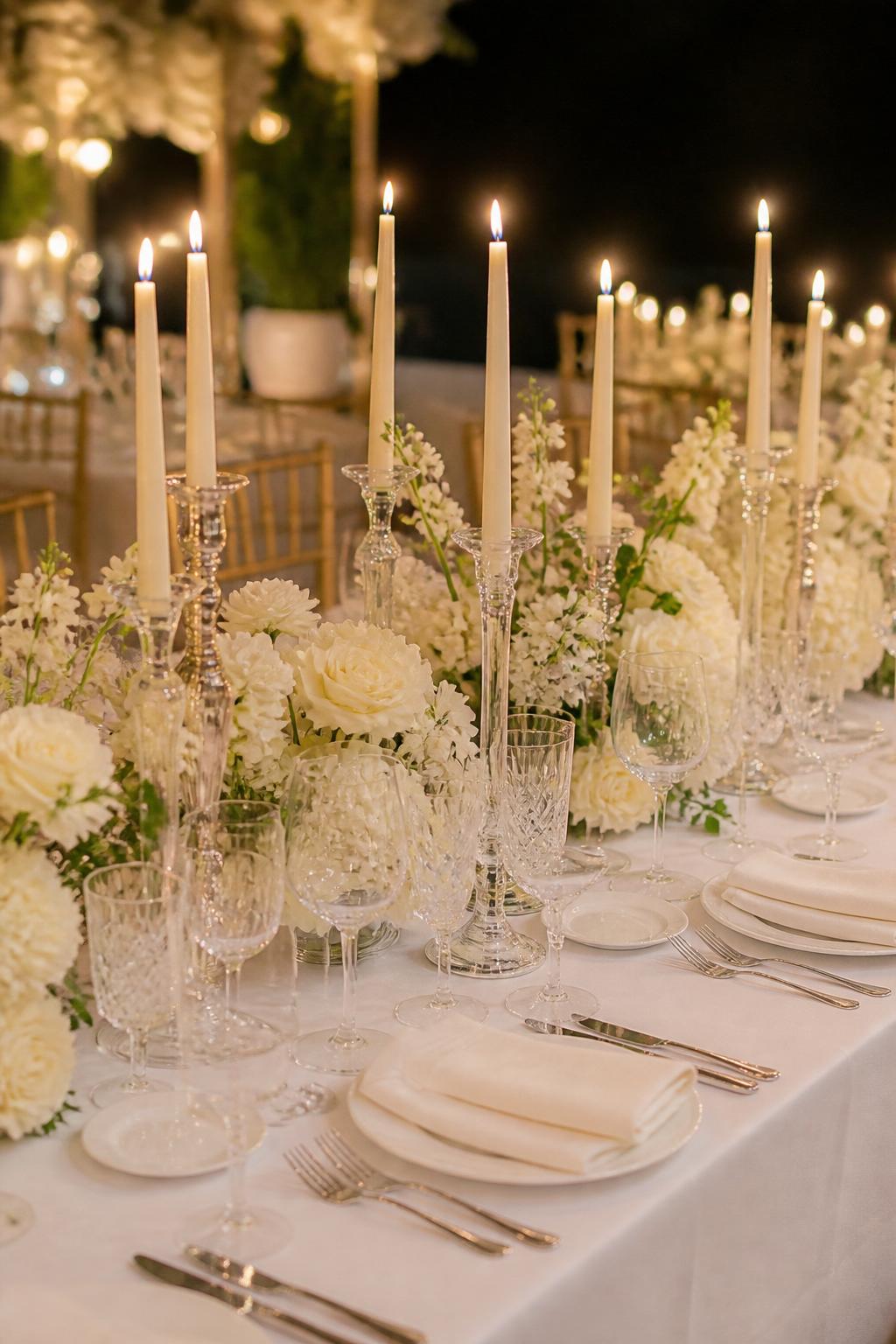 Image Prompt:
An elegant wedding reception table image showing a white table styled with tall ivory taper candles in mixed clear and silver holders, low white flowers, white linen, white plates, folded ivory napkins, and crystal glasses. Warm romantic evening setting, no visible faces, no text, no watermark, realistic editorial wedding photography, (no watermarks on images)