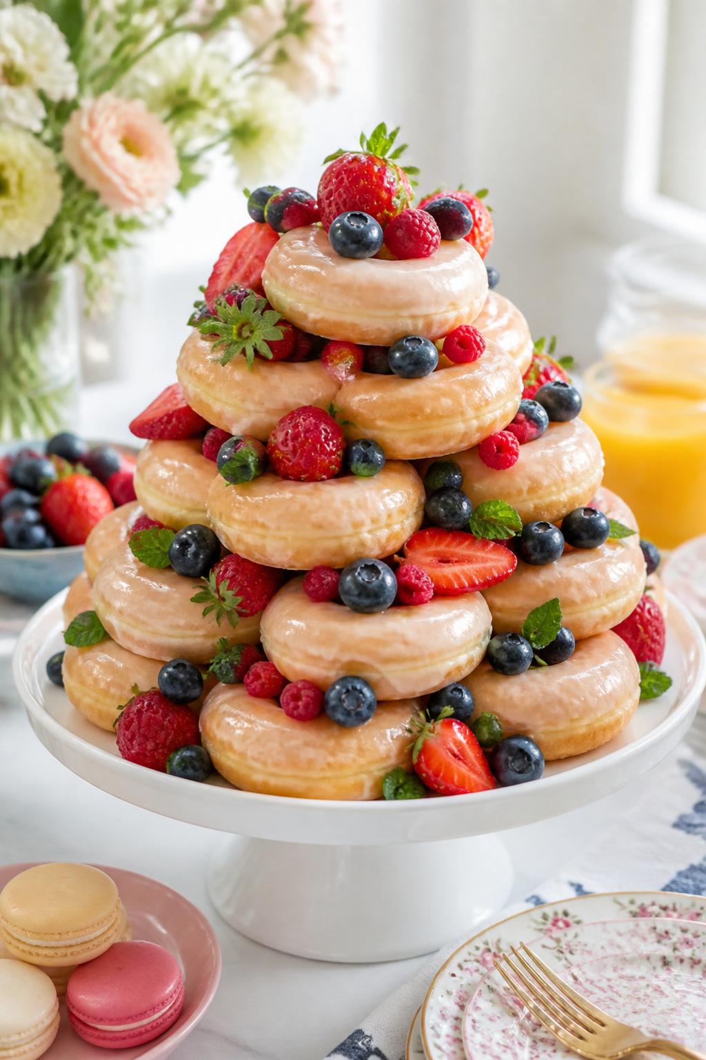 Detailed Image Prompt:
A lovely donut tower cake made with vanilla glazed donuts, fresh strawberries, blueberries, raspberries, and small mint leaves tucked between the layers, placed on a white pedestal stand, styled on a brunch dessert table with soft daylight, realistic DSLR food photography, no people, no watermarks on images.