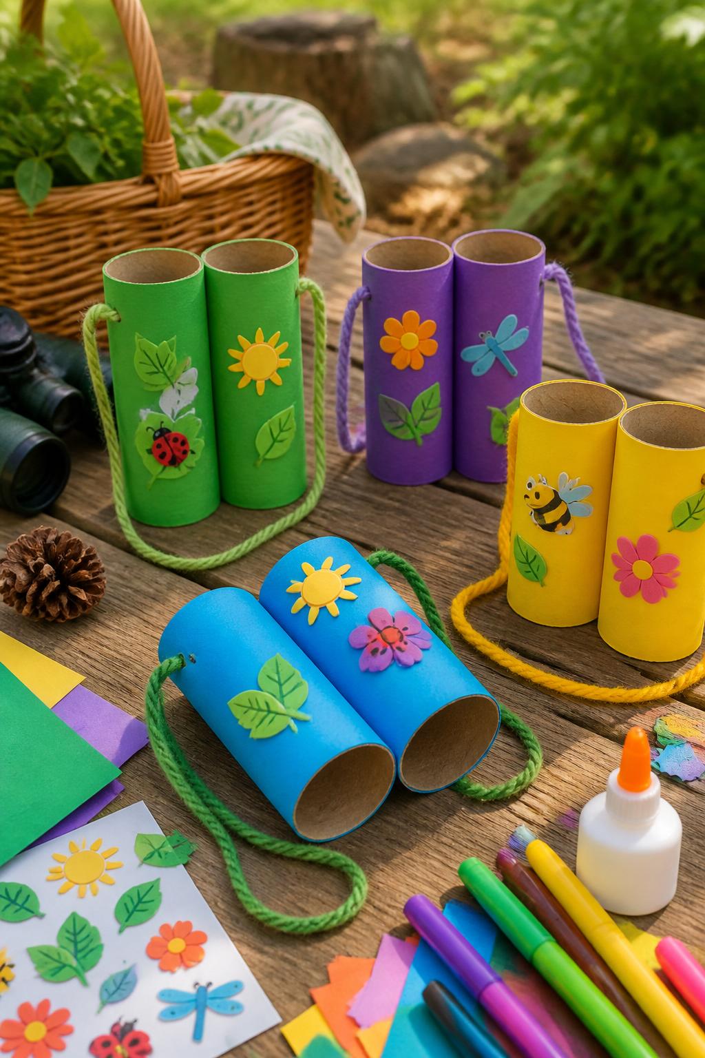 Detailed Image Prompt:
A playful first day of summer craft photo showing DIY summer adventure binoculars made from cardboard tubes, wrapped in bright paper with sun, leaf, flower, and bug stickers, yarn neck straps attached, arranged on a picnic table with glue, markers, and paper scraps nearby, outdoor explorer craft theme, no people, no faces, no readable text, no watermark on images.