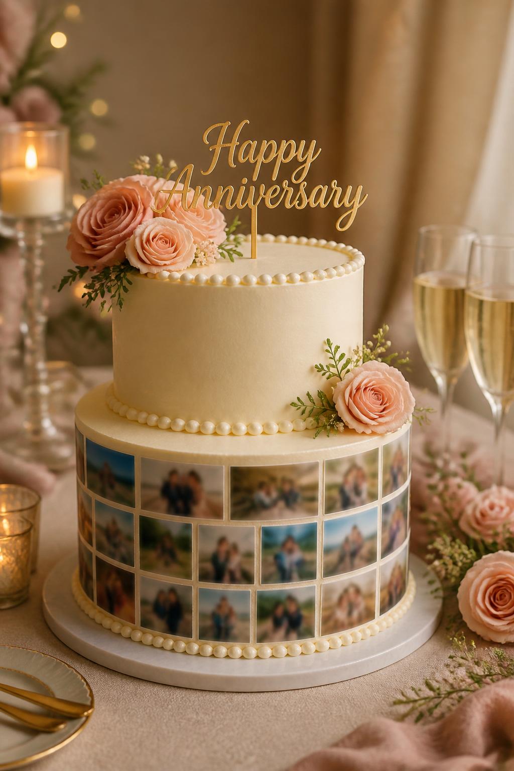 Image Prompt: A beautiful anniversary cake with smooth ivory buttercream, a neat collage of small edible photo tiles arranged around the lower tier, soft pearl borders, blush roses, and a gold “Happy Anniversary” topper. Style it on a romantic dessert table with candles, champagne glasses, and warm soft light. Make all photo tiles softly blurred with no clear visible faces, realistic and editorial, no people, no faces, no text overlay, no watermark. (no watermarks on images)