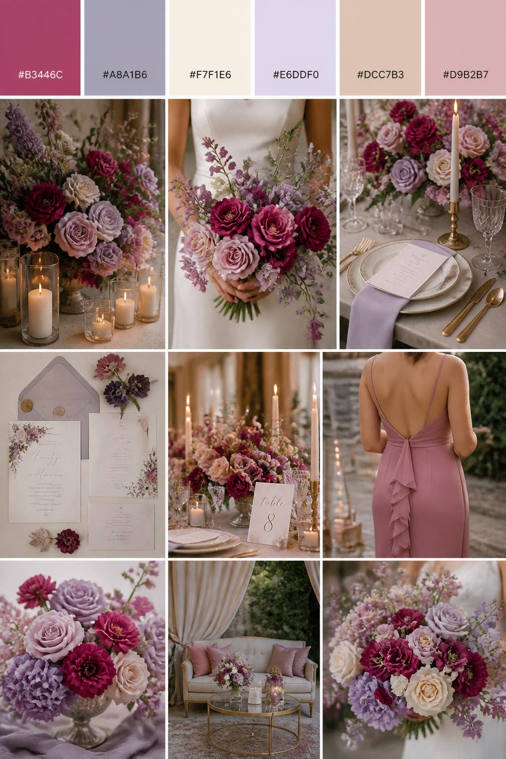 A realistic vertical wedding mood board with a top palette strip showing hex codes in raspberry, lavender gray, cream, pale lilac, warm beige, and dusty blush. Below the swatches, show a dreamy romantic collage of lavender-gray flowers, raspberry blooms, cream candles, polished table settings, invitation styling, a bouquet held in front of the body with no face visible, cropped bridesmaid dress details, and warm decor scenes. Use varied no-face compositions such as side views, back views, hand-held bouquet close-ups, and no-people tablescape shots. DSLR realism, Pinterest-style collage layout, 9:16 vertical format. (no watermarks on images)
