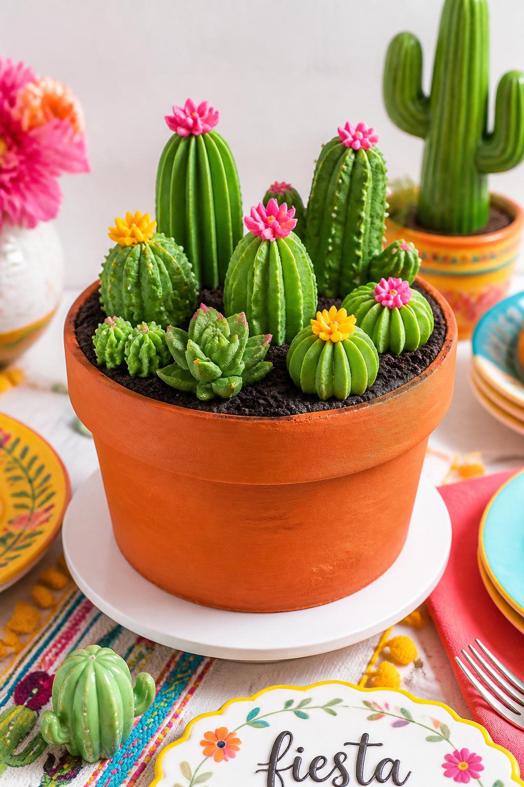 Detailed Image Prompt:
A fun flower pot cake with realistic green buttercream cactus shapes, tiny piped cactus blooms in pink and yellow, terracotta frosting pot base, chocolate cookie crumb soil, styled on a bright party table with colorful but clean fiesta-inspired decor, crisp editorial dessert photography, no people, realistic DSLR image, no watermarks on images.