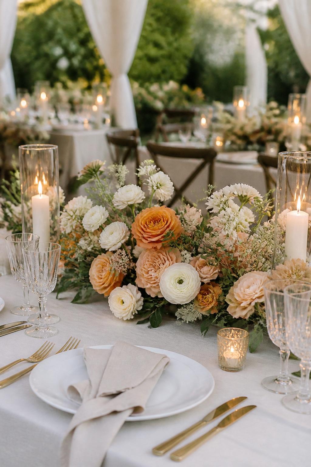 Image Prompt:
A beautiful wedding reception table styled with low centerpieces made of orange roses, peach blooms, white ranunculus, ivory flowers, and soft greenery. Add white plates, gold flatware, clear crystal glasses, folded linen napkins, and soft candlelight. Romantic garden or tented wedding setting, no visible faces, no full people, no text, no watermark, realistic editorial wedding photography, (no watermarks on images)