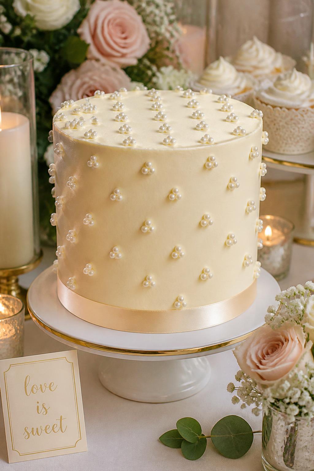 Detailed Image Prompt:
An elegant ivory cake decorated with edible pearl polka dots, smooth buttercream finish, pearl clusters in neat spacing, a satin ribbon detail at the base, styled on a luxury bridal shower dessert table with candles and soft flowers nearby, no people, realistic editorial cake photography, high-detail pearl texture, no watermarks on images.