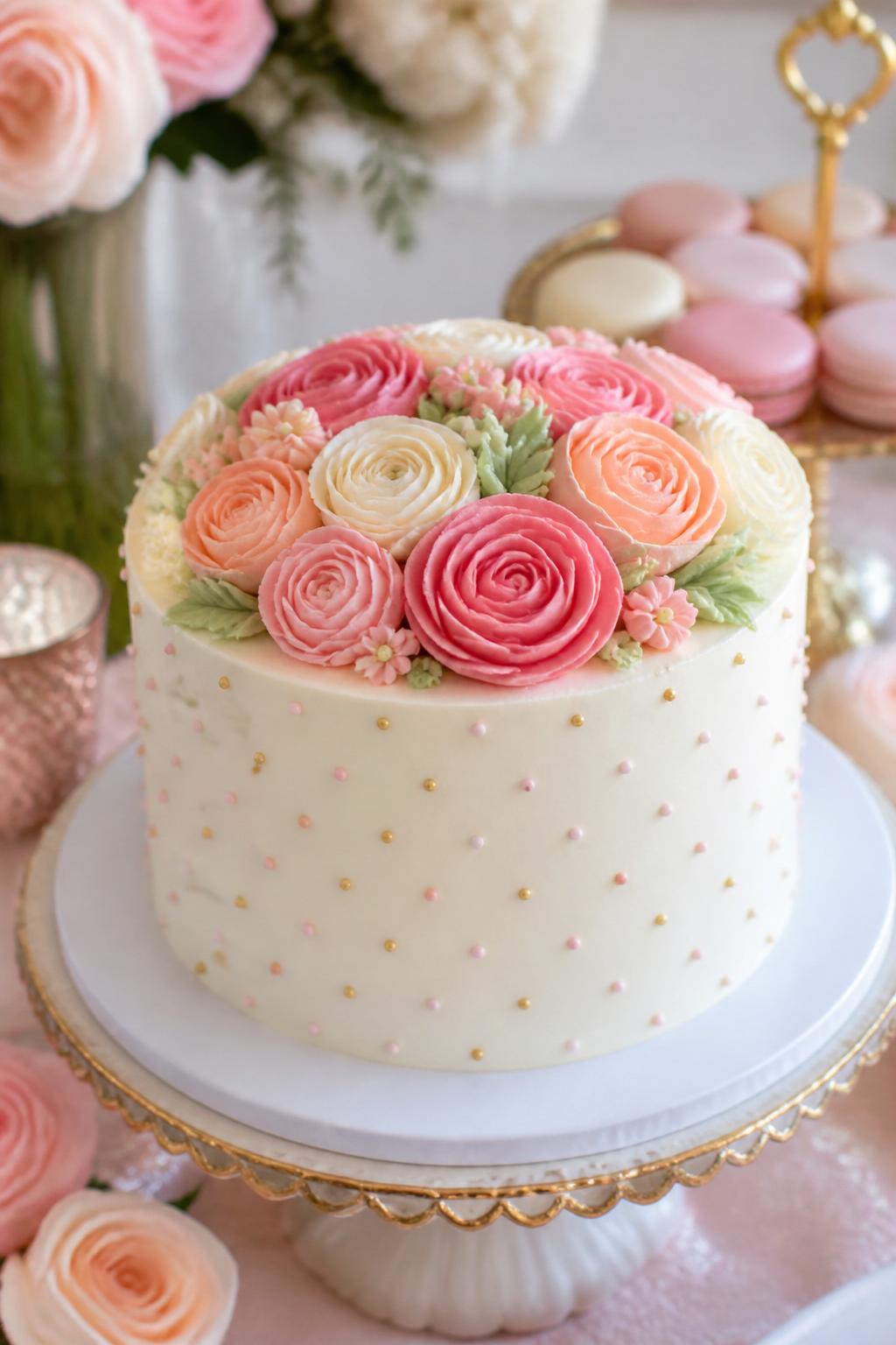 Detailed Image Prompt:
A pretty floral polka dot cake with smooth ivory buttercream, tiny blush and gold polka dots around the sides, buttercream flowers on top in pink, peach, and cream, soft green leaves, styled on a romantic dessert table with elegant party decor, realistic DSLR cake photography, no people, soft natural light, no watermarks on images.
