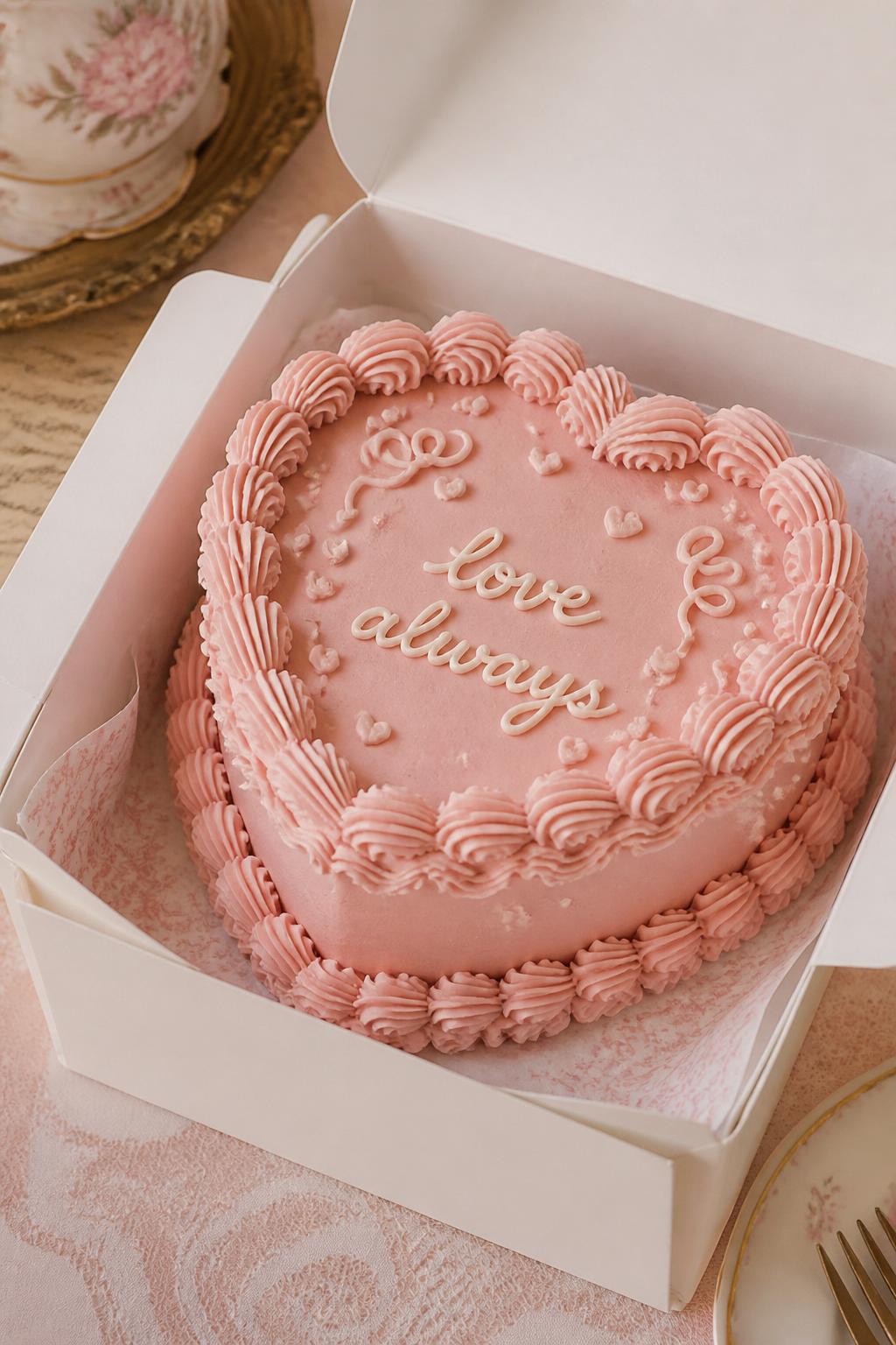 Image Prompt:
A vintage style anniversary bento cake inside a white open cake box, soft pink buttercream frosting, detailed shell borders, ruffle piping, delicate swirls, handwritten icing text reading “love always,” romantic retro bakery styling, soft table setting, realistic close-up dessert photography, no people, no hands, no faces, no watermarks on images