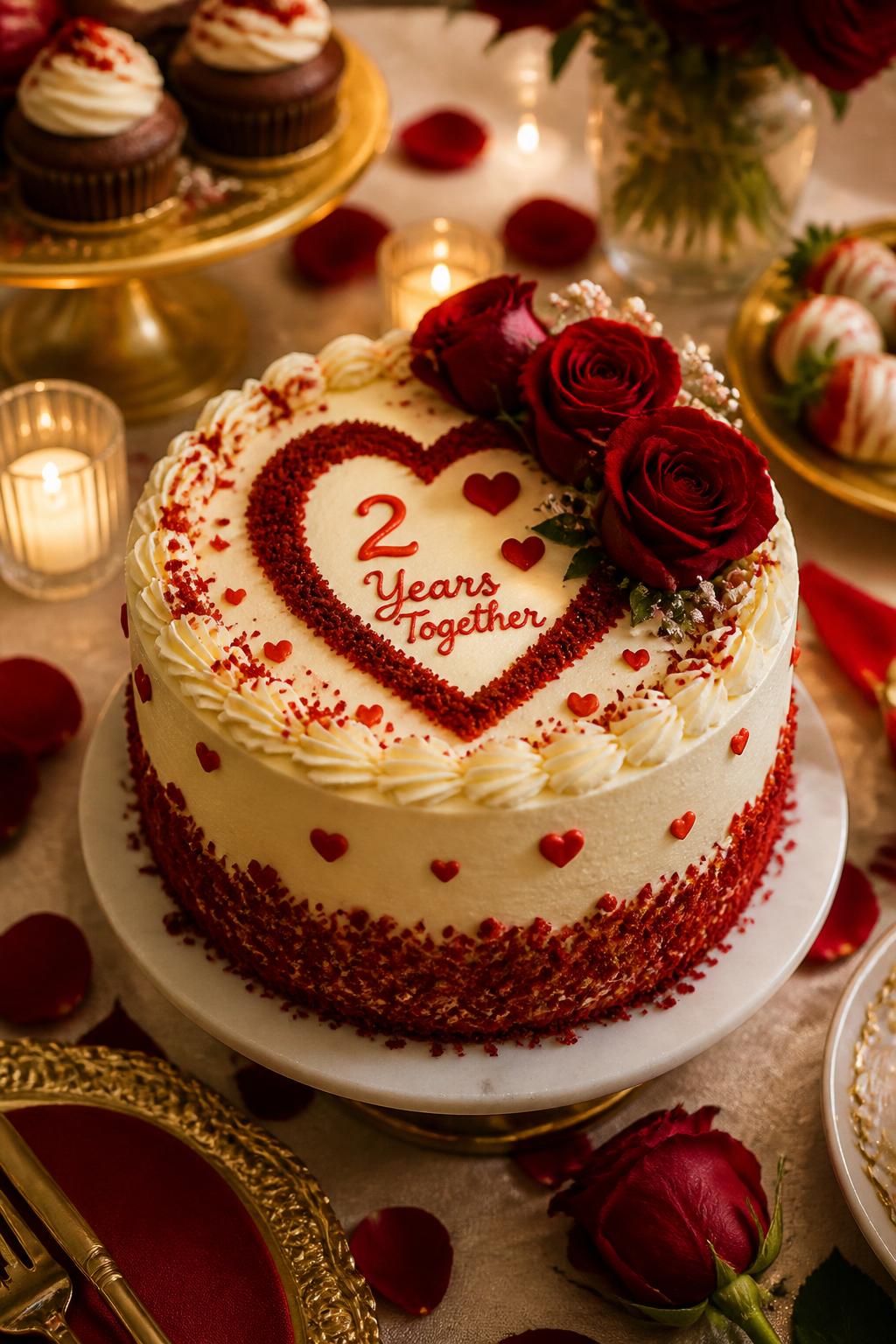 Image Prompt: A cute red velvet 2 year anniversary cake with cream cheese frosting, heart-shaped red crumb accents, tiny piped hearts, and fresh red roses on top. Style it on a romantic dessert table with candles, rose petals, gold dessert plates, and warm indoor lighting. Make it rich, sweet, and realistic, no people, no faces, no watermark. (no watermarks on images)