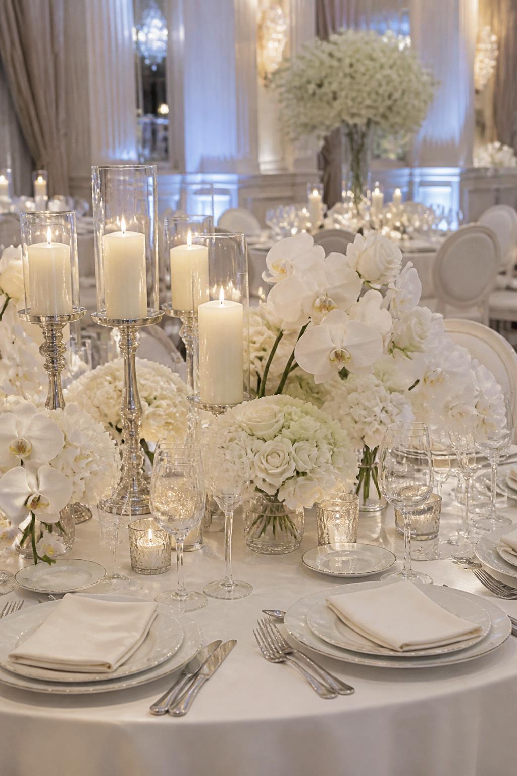 Image Prompt:
A refined wedding reception table styled in white with silver flatware, silver candle holders, white floral arrangements, white plates, clear crystal glasses, ivory napkins, and soft glowing candlelight. Elegant ballroom or hotel reception setting, no visible faces, no text, no watermark, professional editorial wedding photography, (no watermarks on images)