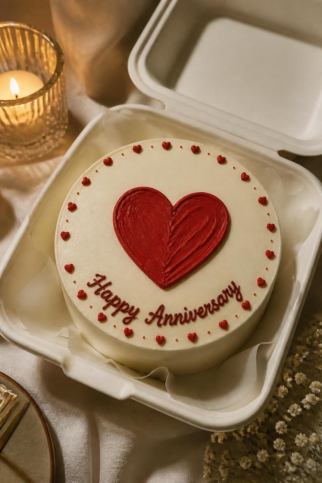 Image Prompt:
A romantic anniversary bento cake in a white cake box, smooth cream frosting, one bold red buttercream heart in the center, tiny red heart accents around the border, simple elegant styling, soft candlelight mood, realistic editorial dessert photography, no people, no hands, no faces, no watermarks on images
