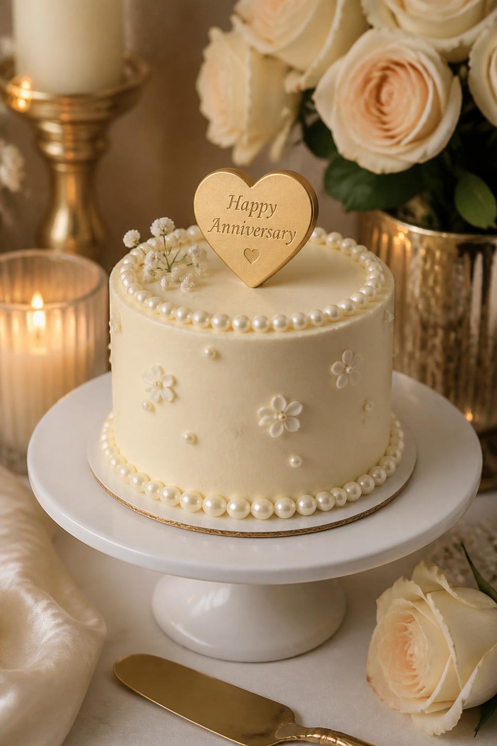Image Prompt: A small round anniversary mini cake with smooth ivory buttercream, delicate pearl borders around the top and base, tiny white flowers, and a soft gold heart topper. Place it on a white cake stand with cream roses, candles, and warm neutral decor. Make it elegant, romantic, and realistic, no people, no faces, no watermark. (no watermarks on images)