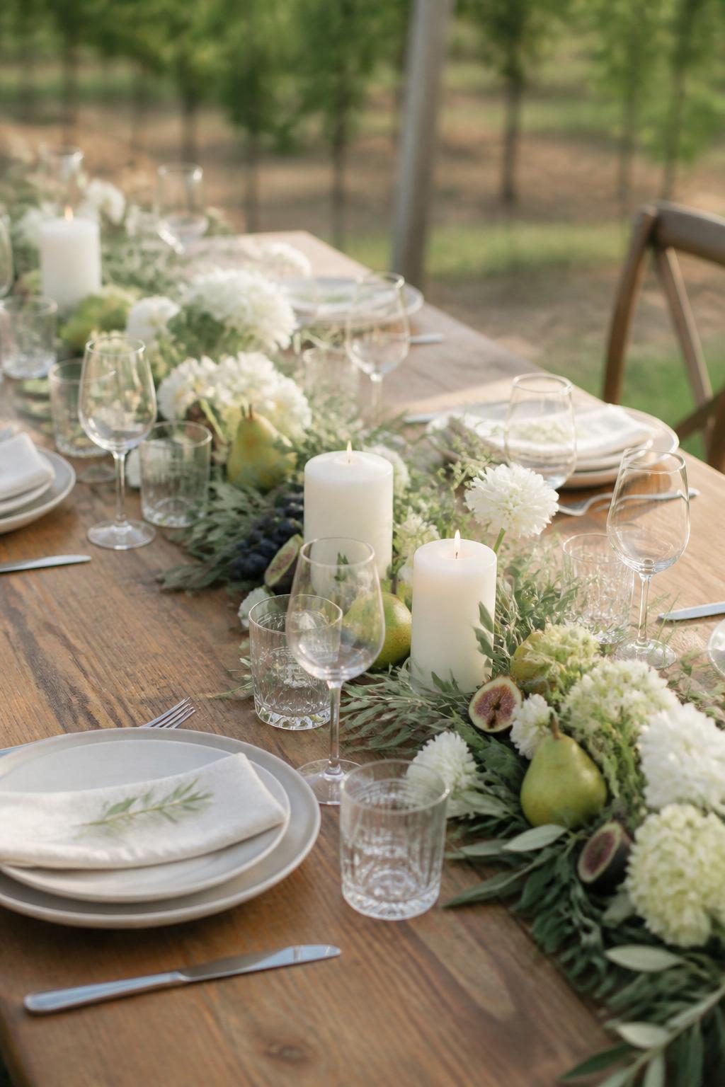 A romantic wooden wedding table styled with soft greenery, white flowers, pears, figs, or grapes placed lightly along the center, paired with ivory candles, ceramic plates, linen napkins, and clear glasses. Vineyard or garden wedding setting, no visible faces, no text, no watermark, realistic editorial photography, (no watermarks on images)