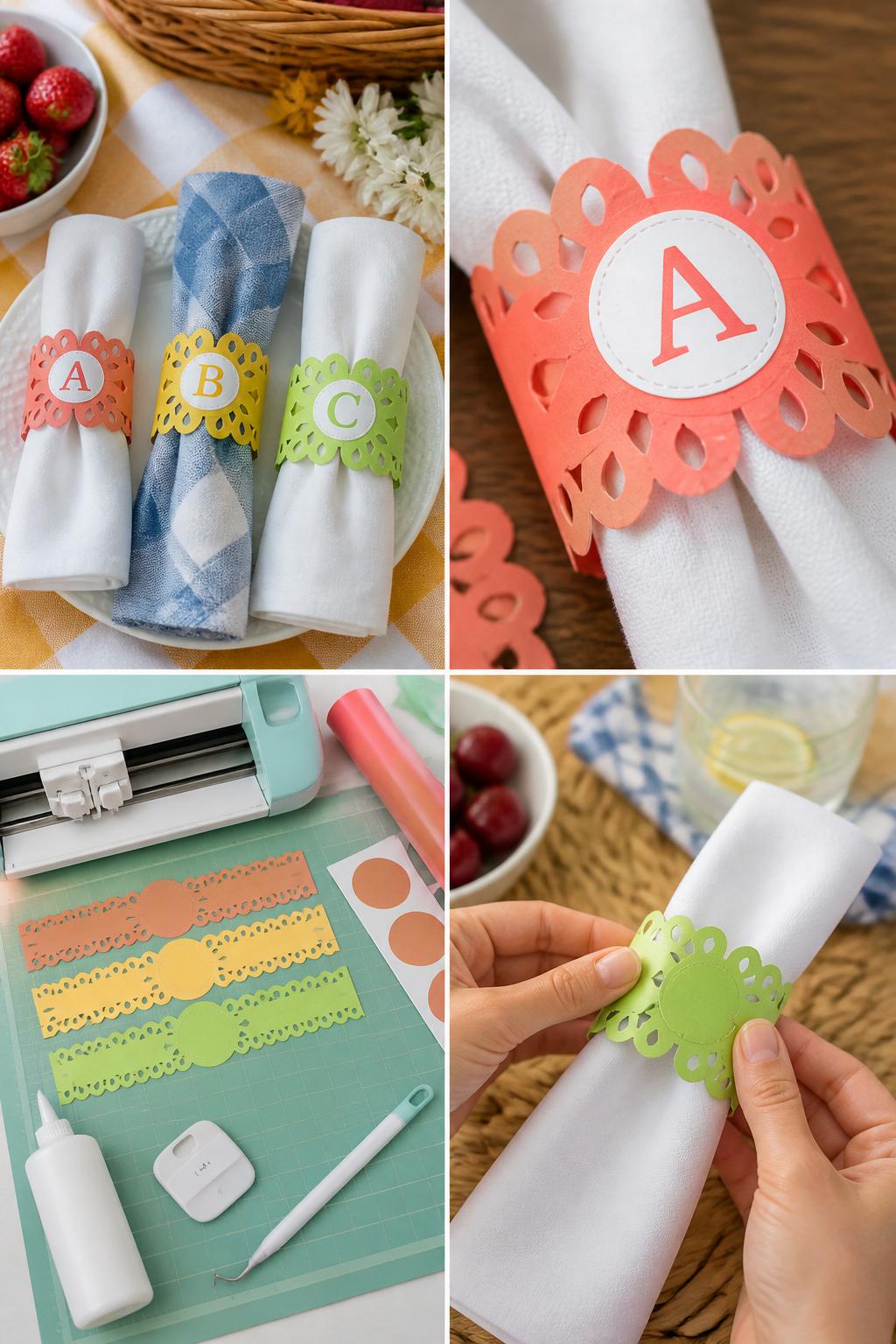 Detailed Image Prompt:
A realistic editorial 2x2 collage grid showing beginner Cricut picnic napkin rings, top-left finished cardstock and vinyl napkin rings in summer colors wrapped around cloth napkins on a picnic table, top-right close-up of layered cardstock ring and small vinyl initial, bottom-left flat lay of cardstock strips, permanent vinyl, Cricut machine, cutting mat, glue, scraper, and weeding tool, bottom-right cropped hands wrapping a cardstock ring around a napkin, bright summer picnic craft styling, no faces, no text except simple initials, no watermark on images.