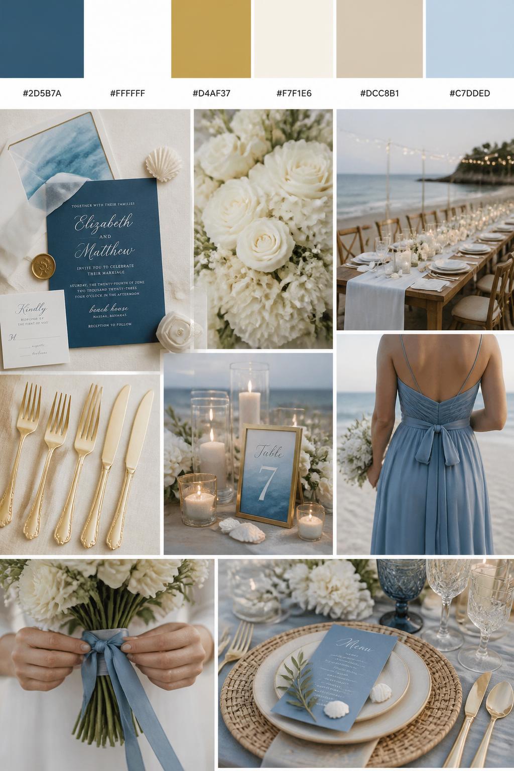 A realistic beach wedding inspiration mood board with a top row of swatches and small hex codes in ocean blue, white, soft gold, ivory, warm sand, and pale blue. Under the palette strip, show a polished collage of ocean blue stationery, white flowers, gold flatware, beach reception tables, soft candlelight, a cropped bridesmaid dress image from the neck down, hands tying ribbon around a bouquet, and a romantic table setting with coastal accents. Use only back views, side views, detail crops, and no-people decor scenes to avoid face issues. DSLR-style realism, 9:16 vertical format. (no watermarks on images)