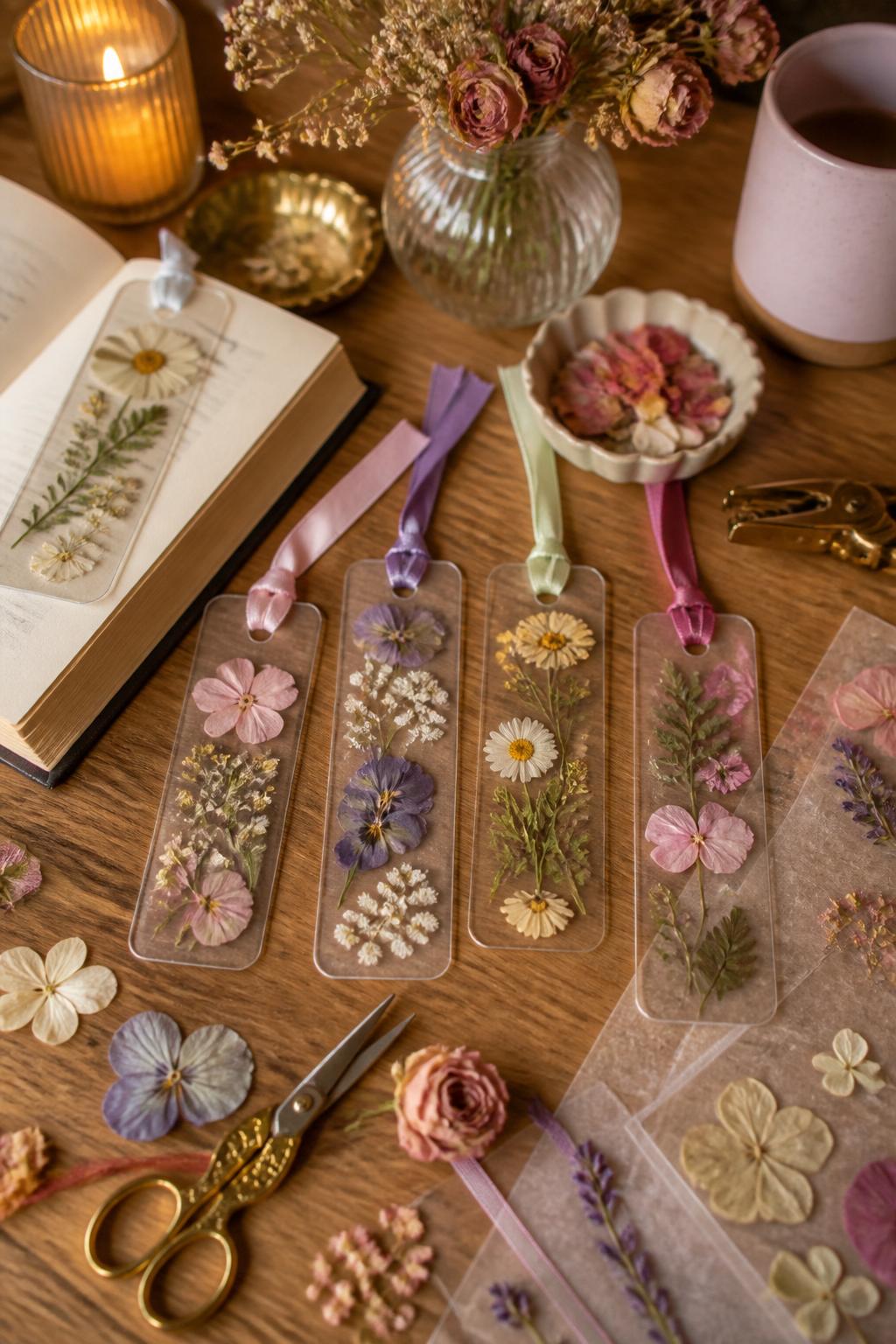 Detailed Image Prompt:
A soft feminine craft night photo showing handmade pressed flower bookmarks, clear contact paper bookmarks with tiny pressed flowers, leaves, ribbon tassels, rounded corners, dried flowers, scissors, and hole punch nearby, cozy book club girls’ night mood, warm table lighting, no people, no faces, no readable text, no watermark on images.