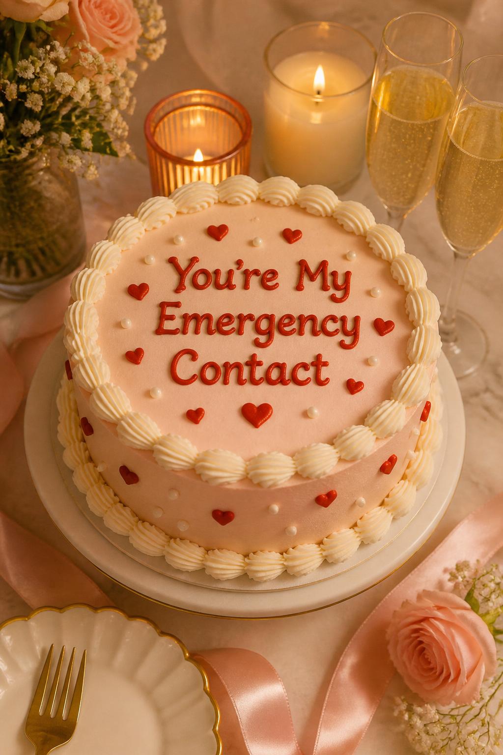 Image Prompt: A funny romantic anniversary cake with smooth blush buttercream, neat piped lettering that says “You’re My Emergency Contact,” tiny red hearts, pearl dots, and soft white piping. Style it on a cute dessert table with candles, flowers, champagne glasses, and satin ribbon. Make it witty, sweet, and realistic, no people, no faces, no watermark. (no watermarks on images)