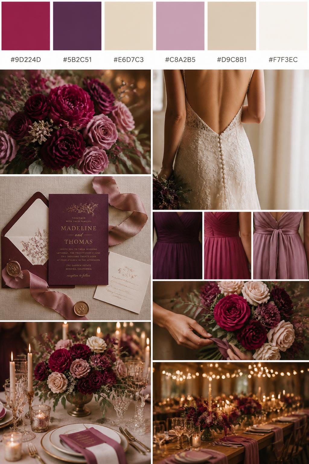 A realistic wedding color palette mood board with a top strip of swatches and small hex codes in raspberry, plum, champagne, soft mauve, warm beige, and ivory. Below, show a cohesive collage of plum and raspberry flowers, champagne glassware, elegant stationery with silk ribbon, a back-view bridal detail, cropped bridesmaid dress fabric shots, hands-only bouquet styling, and a romantic reception table under warm glowing light. Keep faces out of frame using side angles, back views, close-up crops, and no-people scenes. The overall mood should feel rich, romantic, warm, and elegant with realistic DSLR photo quality. 9:16 vertical format. (no watermarks on images)