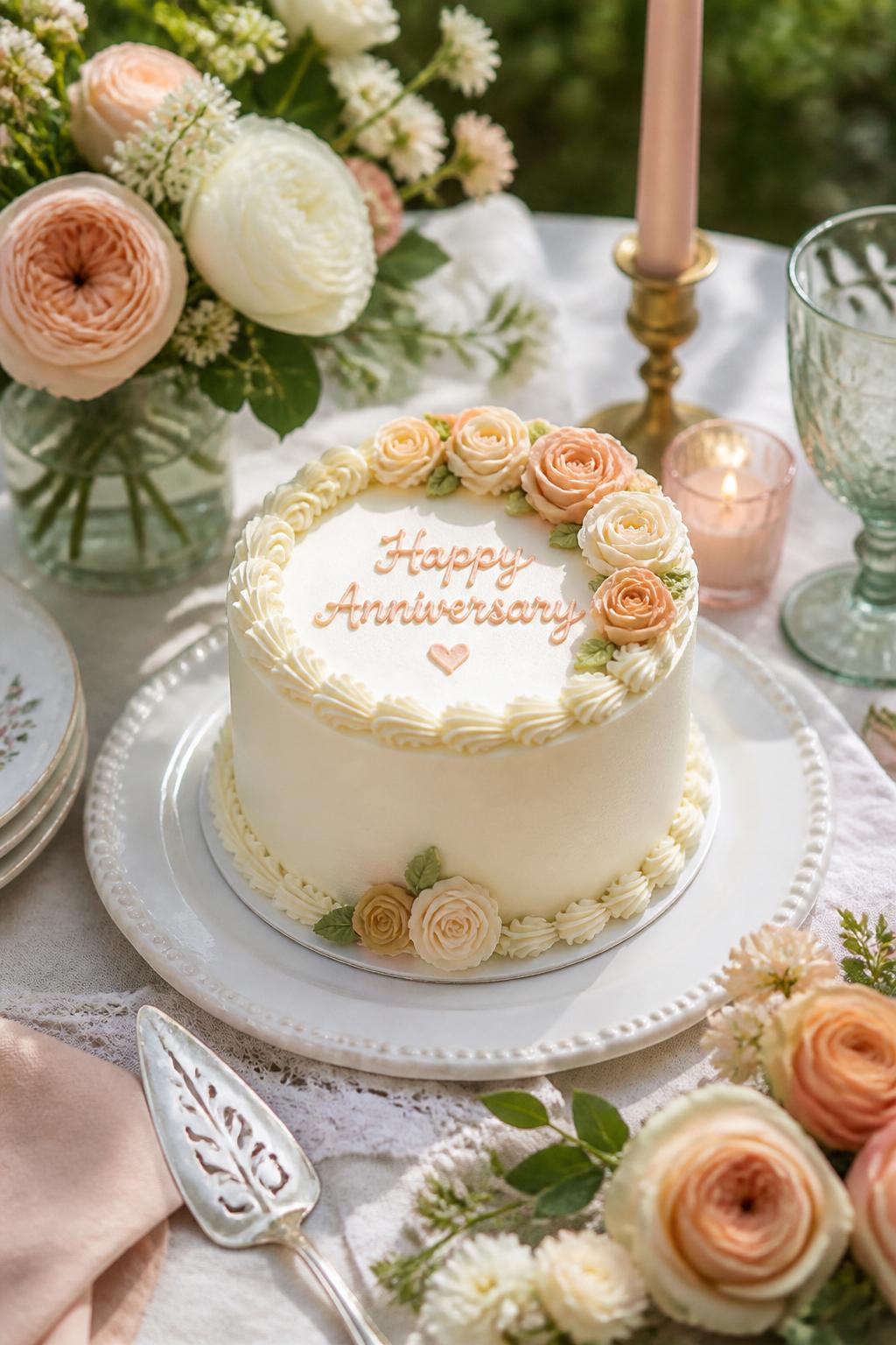 Image Prompt: A lovely anniversary mini cake with smooth ivory buttercream, tiny buttercream roses in blush, cream, and soft peach, small green leaves, and delicate piped borders. Style it on a garden-inspired dessert table with linen, candles, fresh flowers, and soft natural daylight. Make it romantic, fresh, and realistic, no people, no faces, no watermark. (no watermarks on images)