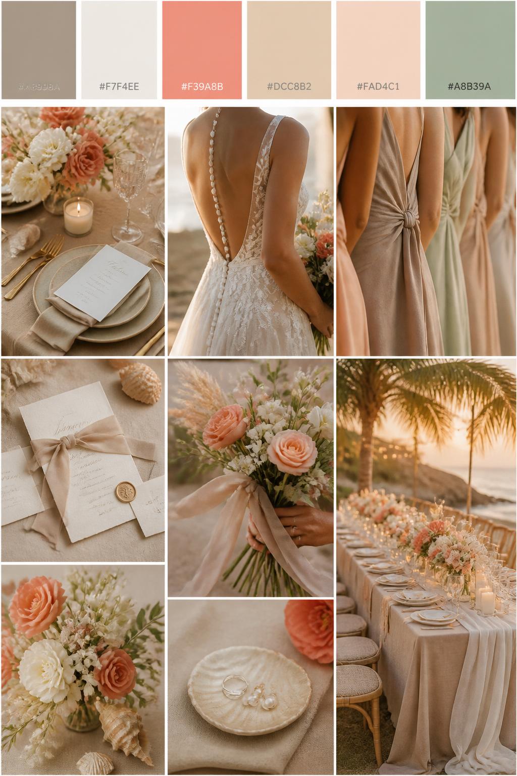 A realistic beach wedding color palette mood board with a top strip of swatches and small hex codes in warm taupe, ivory, soft coral, sand beige, pale peach, and muted sage. Below, show a cohesive collage of taupe linens, ivory flowers, soft coral blooms, shell-inspired details, stationery with silk ribbon, a back-view bridal detail, cropped bridesmaid dress fabric shots, hands-only bouquet styling, and a romantic reception table under warm glowing beach light. Keep faces out of frame using side angles, back views, close-up crops, and no-people scenes. The overall mood should feel soft, elegant, warm, and coastal with realistic DSLR photo quality. 9:16 vertical format. (no watermarks on images)